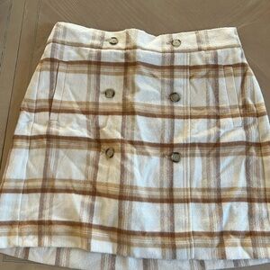 LOFT Cream and Brown Plaid Double-Button Mini Skirt